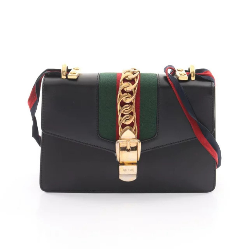 Gucci Sylvie Web Shoulder Bag Leather Black Green Red